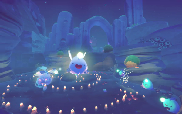 HD desktop wallpaper from Slime Rancher 2, featuring a whimsical nighttime scene with colorful slimes in a mystical landscape.
