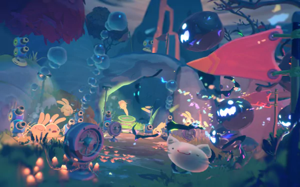 HD desktop wallpaper from Slime Rancher 2 depicting various colorful slimes in a whimsical, glowing forest environment.