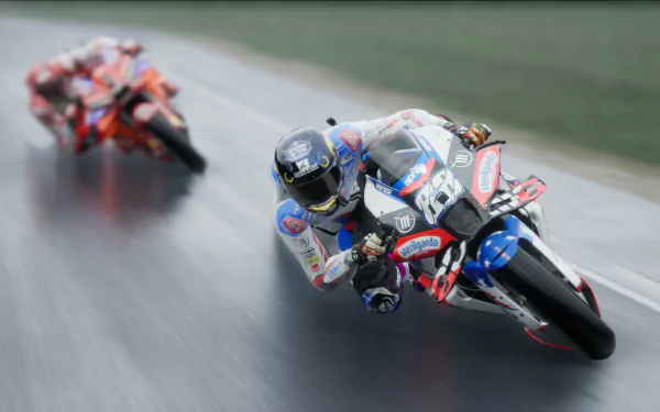 HD desktop wallpaper from the video game MotoGP 24 featuring two racers cornering on a track.