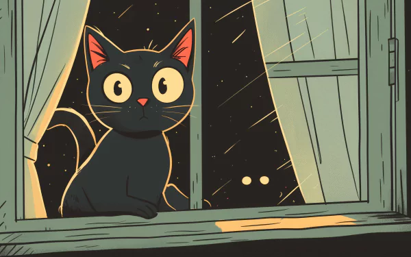 HD desktop wallpaper featuring a cartoon-style black cat sitting on a windowsill, looking out at a starry night sky.