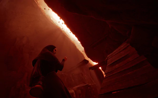 HD wallpaper from the video game Indika, featuring a character observing a glowing, mysterious light source in a dark, eerie environment.