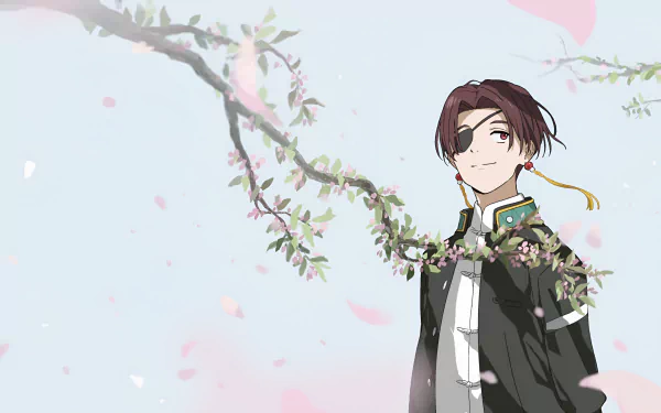 4K Ultra HD anime desktop wallpaper of Hayato Suou from Wind Breaker, standing beneath cherry blossom branches in his black uniform with an eyepatch against a soft pastel sky