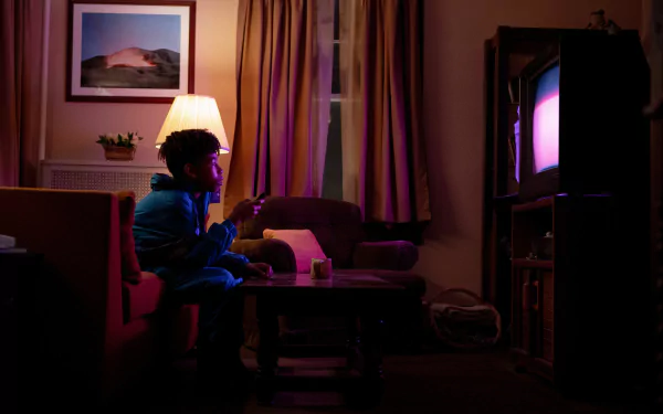 HD wallpaper from the movie I Saw the TV Glow, featuring a person watching television in a dimly lit room with ambient lighting.