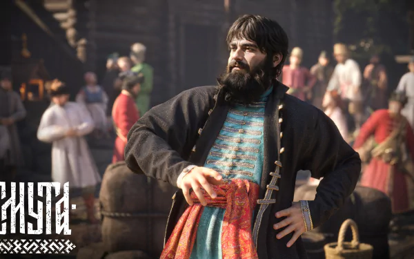 HD desktop wallpaper from the video game Smuta featuring a bearded character in historical clothing with a bustling crowd in the background.