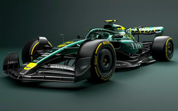 Aston Martin F1 race car displayed in dynamic style on a sleek dark green HD desktop wallpaper background.