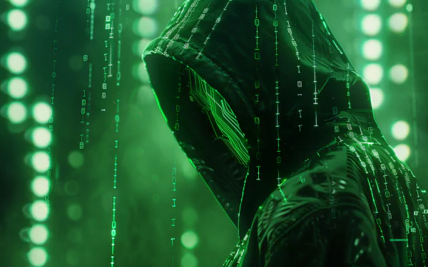 HD desktop wallpaper featuring a hooded hacker figure with a digitally inspired, green Matrix code background, evoking a high-tech atmosphere.