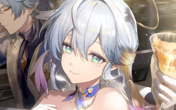 HD wallpaper from Honkai: Star Rail featuring the character Robin holding a drink, with an elegant smile and detailed, colorful backdrop.