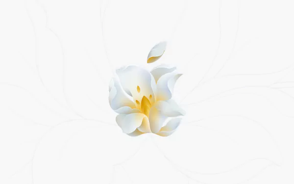 Technology-themed 5K Ultra HD PC desktop wallpaper: minimalist Apple Inc. logo formed from white and yellow flower petals on a soft white background.