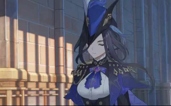 HD desktop wallpaper featuring Clorinde from Genshin Impact, portrayed in a grand room with sunlight casting through windows.