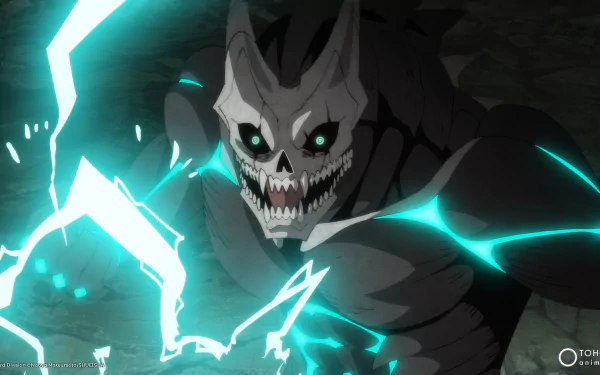 HD desktop wallpaper from Kaiju No. 8 featuring Kafka Hibino in his kaiju form, surrounded by glowing energy.