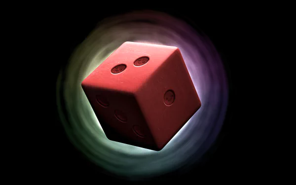 HD desktop wallpaper from The Binding of Isaac featuring a red dice engulfed in a mystical, swirling aura.