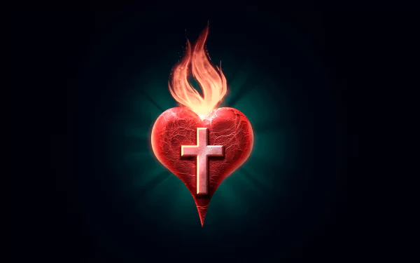 HD desktop wallpaper featuring a flaming heart with a cross from the video game The Binding of Isaac, set against a dark, glowing background.