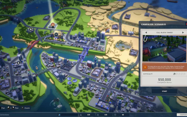 HD desktop wallpaper of Prison Architect 2 showcasing a campaign scenario map with town, roads, and water features.