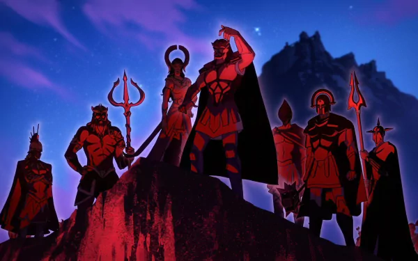 HD desktop wallpaper featuring animated characters from Blood of Zeus standing heroically on a rocky outcrop under a starry night sky.