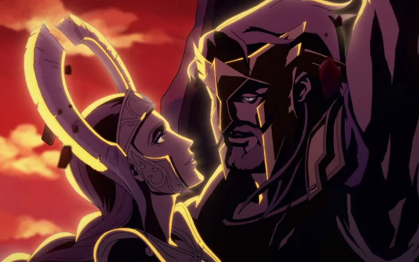 HD desktop wallpaper from Blood of Zeus featuring silhouetted anime-style characters against a dramatic red sky.