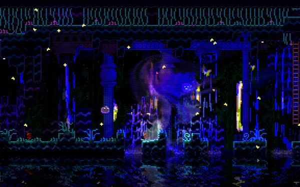 HD desktop wallpaper featuring a mystical scene from the video game Animal Well, showcasing vibrant, glowing artwork with abstract elements.