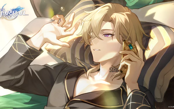 HD wallpaper from Honkai: Star Rail featuring the character Aventurine, depicted relaxing and holding an intriguing device.