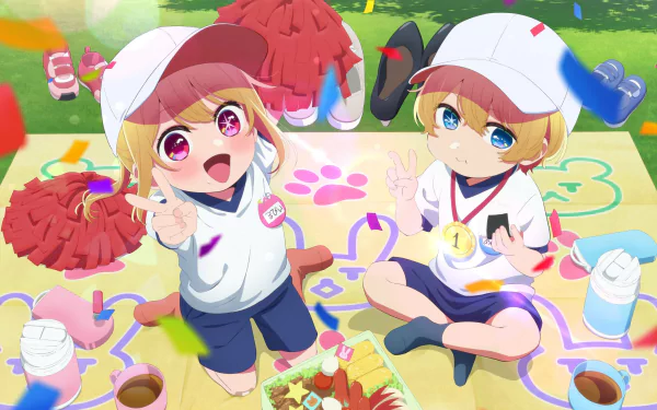 HD anime desktop wallpaper featuring Ruby Hoshino and Aquamarine Hoshino from Oshi no Ko, both dressed in cheerleader outfits, enjoying a colorful picnic.