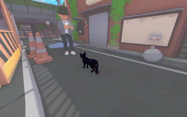 HD desktop wallpaper featuring a scene from the video game Little Kitty Big City, showing a small black cat on a city street with a character in the background.