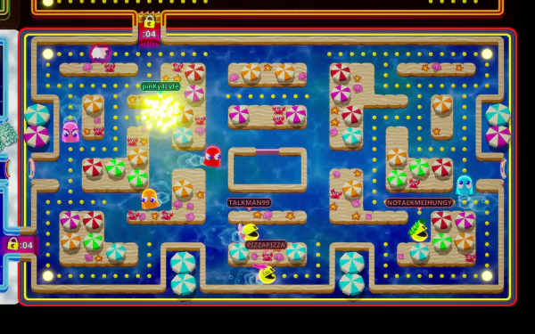 HD wallpaper of PAC-MAN Mega Tunnel Battle: Chomp Champs, featuring a colorful in-game screenshot with multiple players navigating a detailed maze.