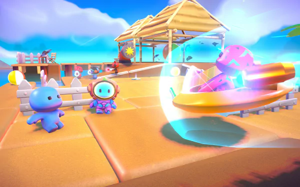 HD wallpaper of 'Rumble Club' video game featuring colorful characters near a bouncing boat on a vibrant, playful dock.