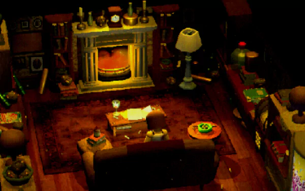 HD wallpaper from the video game Crow Country, featuring a cozy room with a warm fireplace, furniture, and detailed interior.