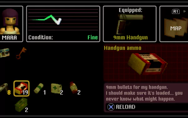 HD desktop wallpaper featuring the user interface from the video game Crow Country, showing character Mara, equipped with a 9mm handgun and various items.