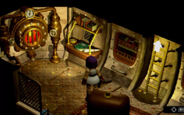 HD desktop wallpaper featuring a scene from the video game Crow Country, showing a character in a detailed, steampunk-style room with various machinery and controls.