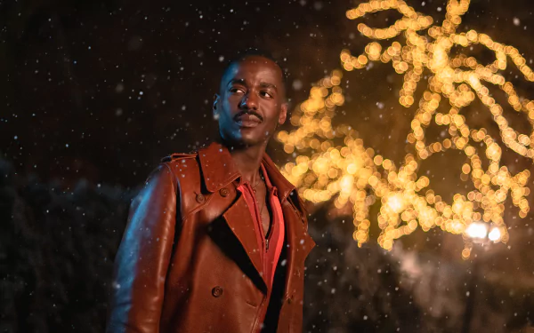 HD desktop wallpaper of Ncuti Gatwa from Doctor Who (2023), standing in a snowy scene with glowing lights in the background.