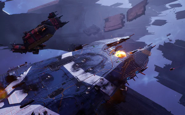 HD desktop wallpaper from Homeworld 3 featuring detailed spaceships engaged in a cosmic battle amidst floating debris.