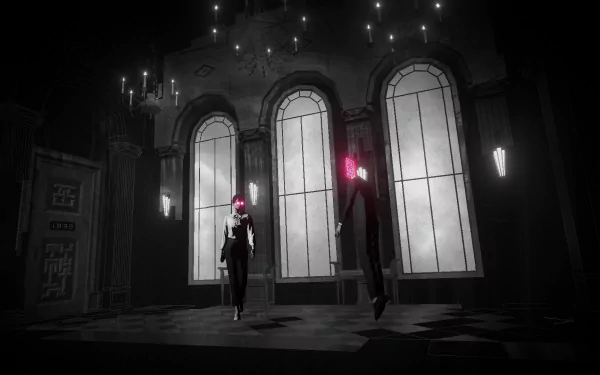 HD desktop wallpaper from the video game Lorelei and the Laser Eyes, featuring a noir-style scene with two characters in a grand room lit by glowing red eyes.