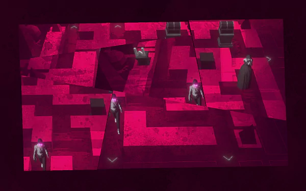 HD wallpaper for Lorelei and the Laser Eyes video game, featuring abstract red maze-like structures with shadowy figures scattered throughout.