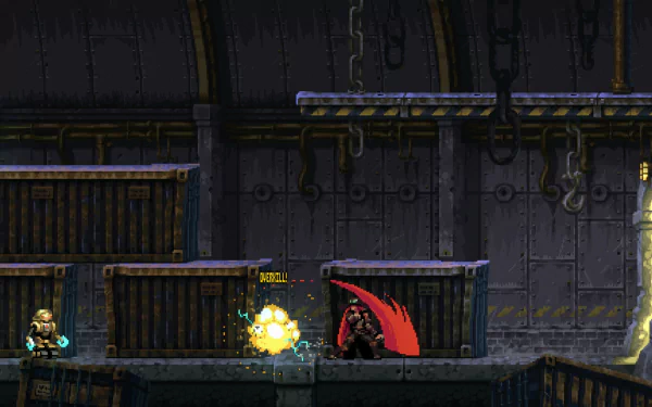 HD desktop wallpaper featuring a scene from the video game Gestalt: Steam & Cinder, showcasing two characters amidst an industrial, steampunk environment with intricate details and dark tones.