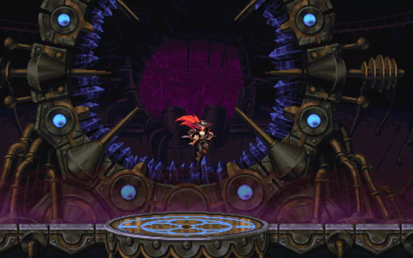 HD desktop wallpaper of the video game Gestalt: Steam & Cinder. The image features a character with red hair in a steampunk setting, standing on a platform in front of a large mechanical structure with glowing blue lights.