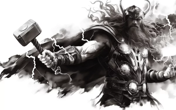 HD desktop wallpaper featuring Thor, depicted in a dynamic comic style. He strikes an imposing pose with his hammer Mjolnir, surrounded by electrifying energy, against a smoky background.