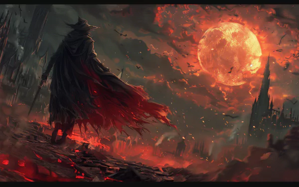 HD wallpaper of Bloodborne, showcasing a post-apocalyptic landscape with a cloaked figure staring at a large, fiery moon amidst dark, jagged structures and a desolate, burning ground.