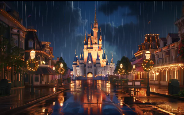 HD desktop wallpaper featuring Cinderella Castle at Walt Disney World, illuminated during a nighttime rain with reflections on the wet street in front.
