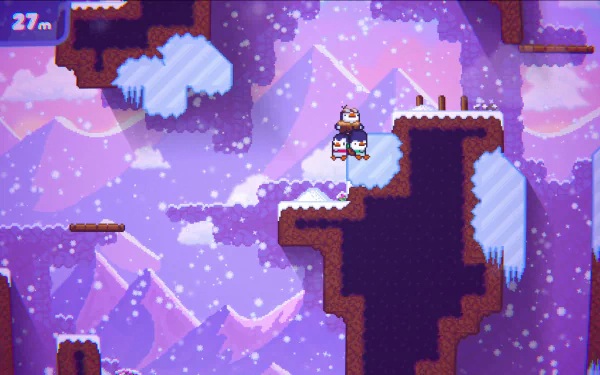 HD desktop wallpaper of the video game Bread & Fred featuring two characters climbing a mountain in a snow-covered, pixel art landscape.