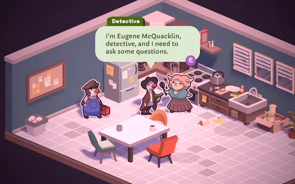 A scene from the video game Duck Detective: The Secret Salami showing detective Eugene McQuecklin in a kitchen, asking questions. This HD desktop wallpaper and background features a cozy, animated setting.