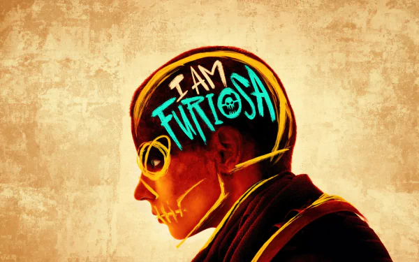 HD desktop wallpaper featuring artwork from the movie Furiosa: A Mad Max Saga, with a vibrant profile of a character and the text I AM FURIOSA displayed prominently.