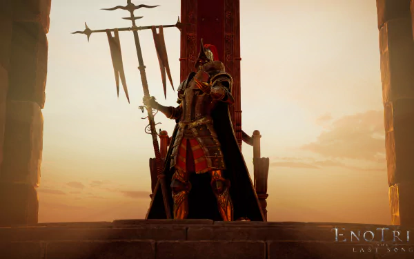 HD desktop wallpaper featuring a character from the video game Enotria: The Last Song standing regally with a weapon, against a sunset backdrop.