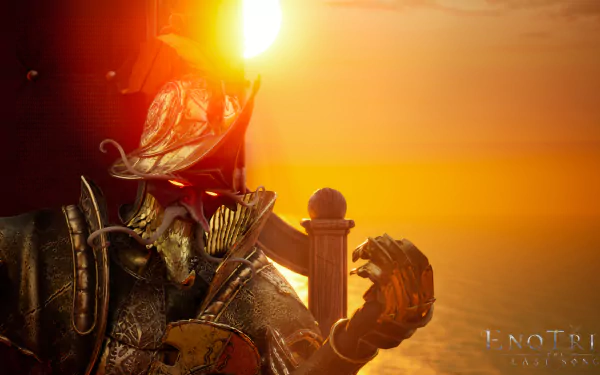 HD wallpaper for Enotria: The Last Song featuring a fantastical armored character against a stunning sunset backdrop. The title logo appears in the bottom right corner.