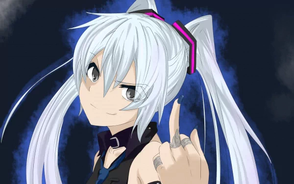 HD PC desktop wallpaper/background of a Valkyria Chronicles video game character — white twin‑tail anime girl with piercing blue eyes, a confident smirk and a raised hand against a stormy blue sky.