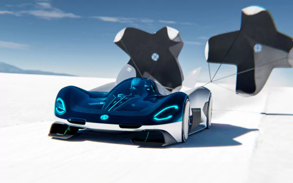 HD desktop wallpaper of the MG EXE181, a sleek blue concept car with aerodynamic design elements, driving on a white surface with a clear blue sky and parachutes deployed.
