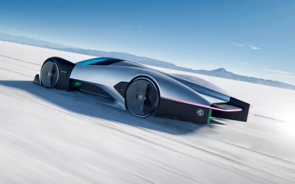 HD desktop wallpaper of the MG EXE181 car in a sleek, futuristic design speeding across a white, open landscape with distant mountains under a clear blue sky.