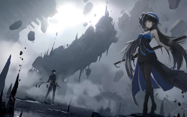 HD desktop wallpaper from the video game Wuthering Waves featuring characters Rover and Yangyang against a dramatic, cloudy landscape with floating rocks.