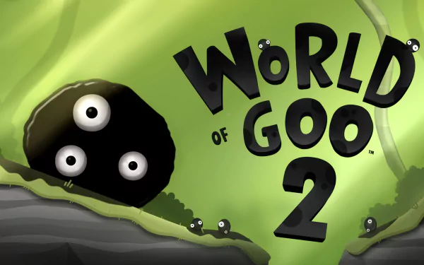 HD desktop wallpaper featuring the video game World of Goo 2 with a green background, black goo balls, and the game's title prominently displayed.