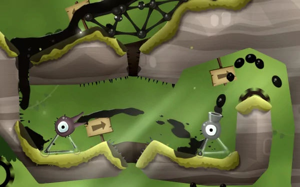 HD desktop wallpaper featuring a detailed scene from the video game World of Goo 2, showcasing goo balls navigating through green, hilly terrain with mechanical elements and structures.