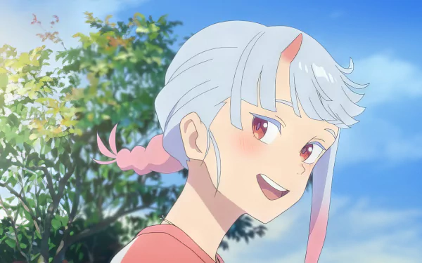 HD wallpaper of an anime character from My Oni Girl smiling with a serene blue sky and lush greenery in the background.