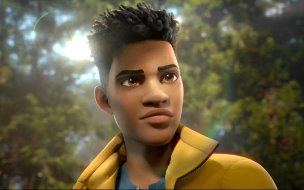 Animated character in a yellow jacket stands in a sunlit forest, gazing thoughtfully ahead. This image is tagged as a HD desktop wallpaper and background from the TV show, Jurassic World: Chaos Theory.